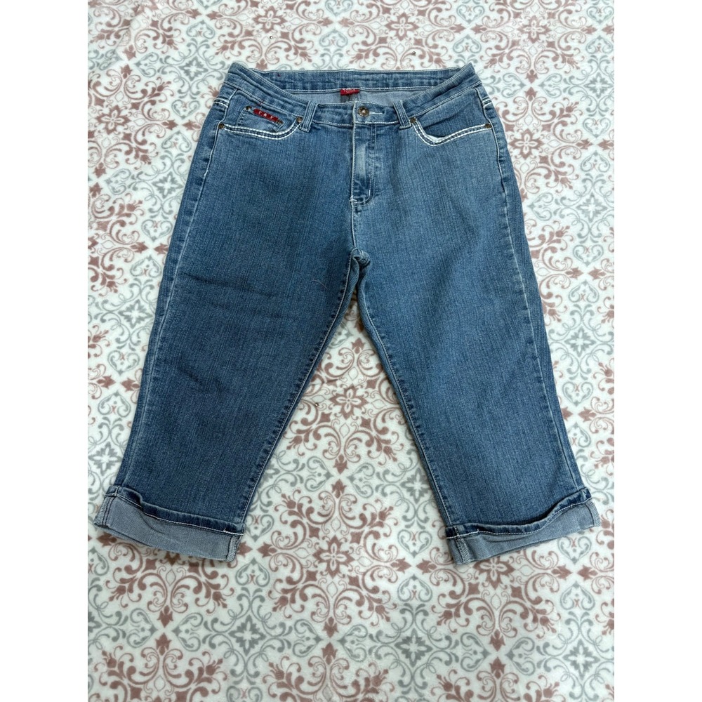 T&Y Fashion Women Blue Denim Capri Jeans Contrast Stitch Cuffed Hem Size 11/12